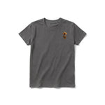 A charcoal short-sleeve crewneck t-shirt for youth featuring a graphic of a dog on the left chest.