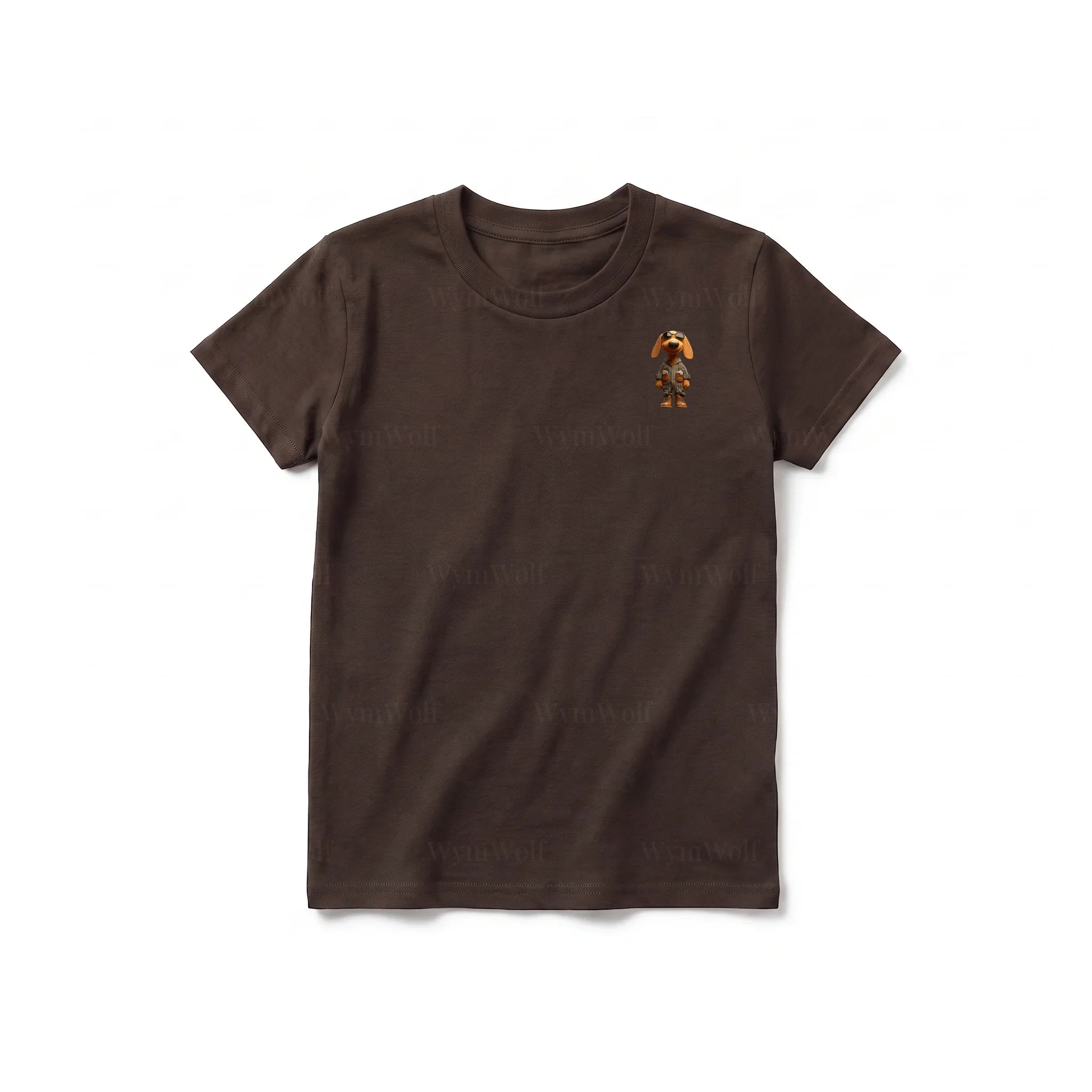 A chocolate short-sleeve crewneck t-shirt for youth featuring a graphic of a dog on the left chest.