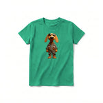 A kelly short-sleeve crewneck t-shirt for youth featuring a graphic of a dog on the front.