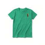 A kelly short-sleeve crewneck t-shirt for youth featuring a graphic of a dog on the left chest.