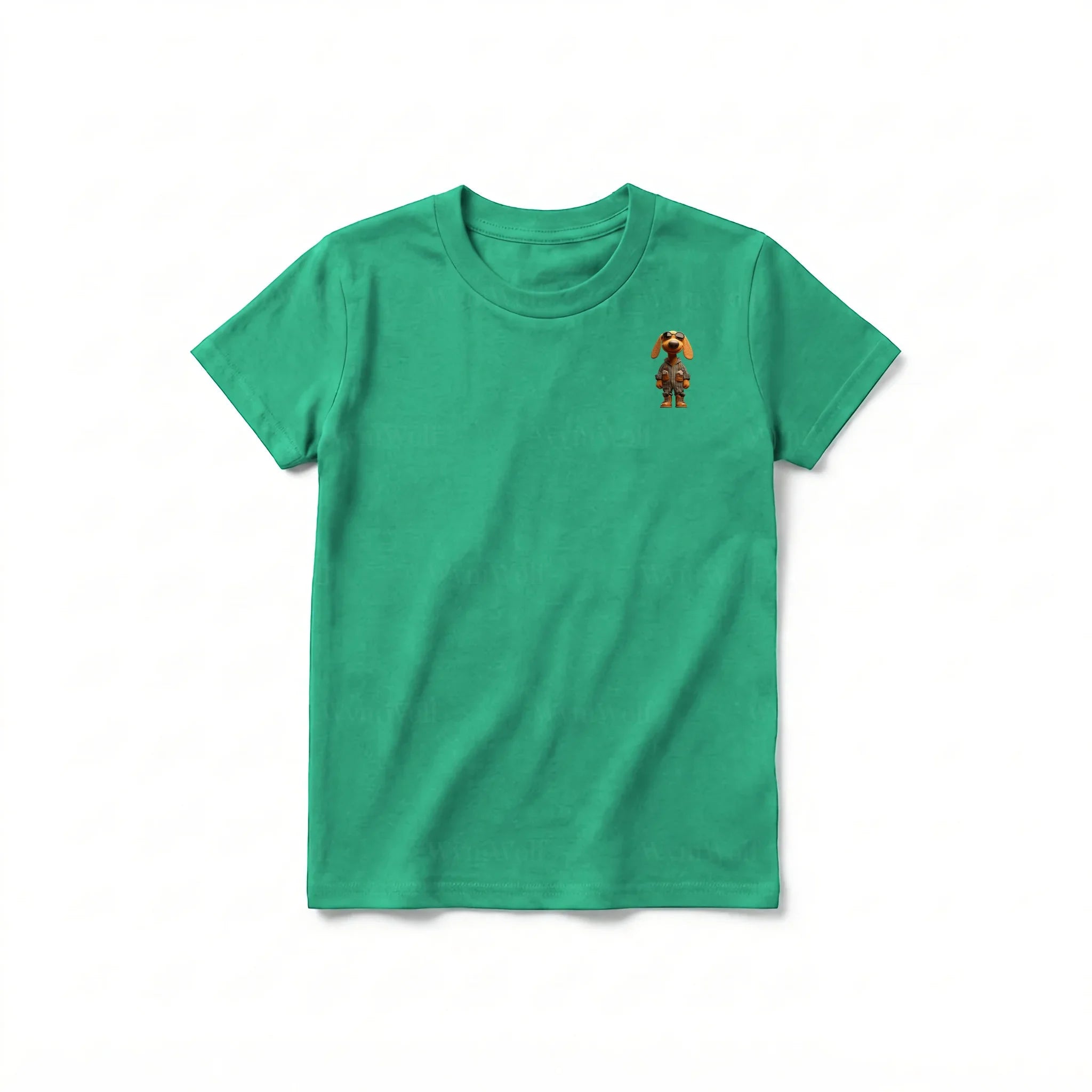 A kelly short-sleeve crewneck t-shirt for youth featuring a graphic of a dog on the left chest.