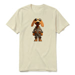 A latte short-sleeve crewneck t-shirt for adult featuring a graphic of a dog on the front.