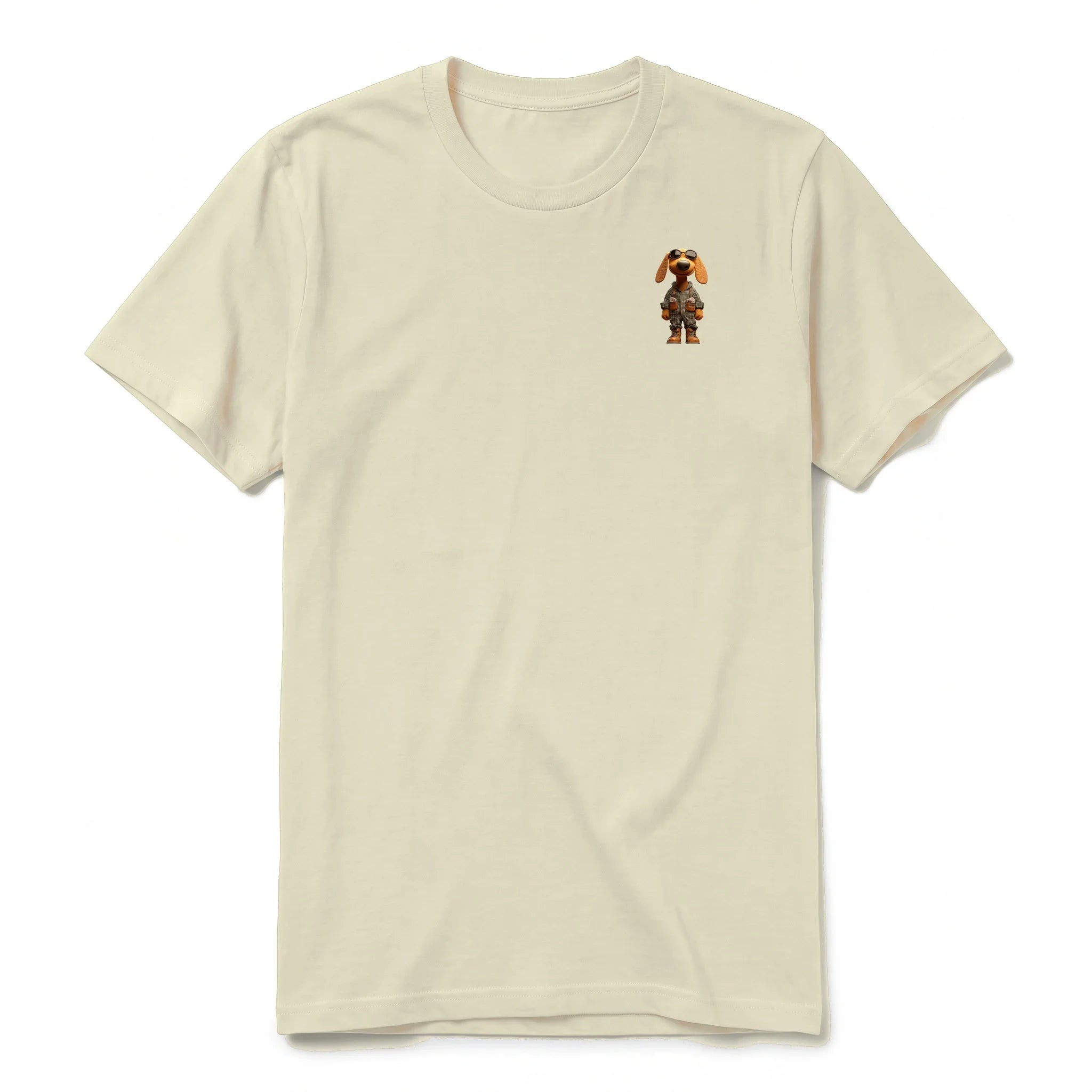 A latte short-sleeve crewneck t-shirt for adult featuring a graphic of a dog on the left chest.