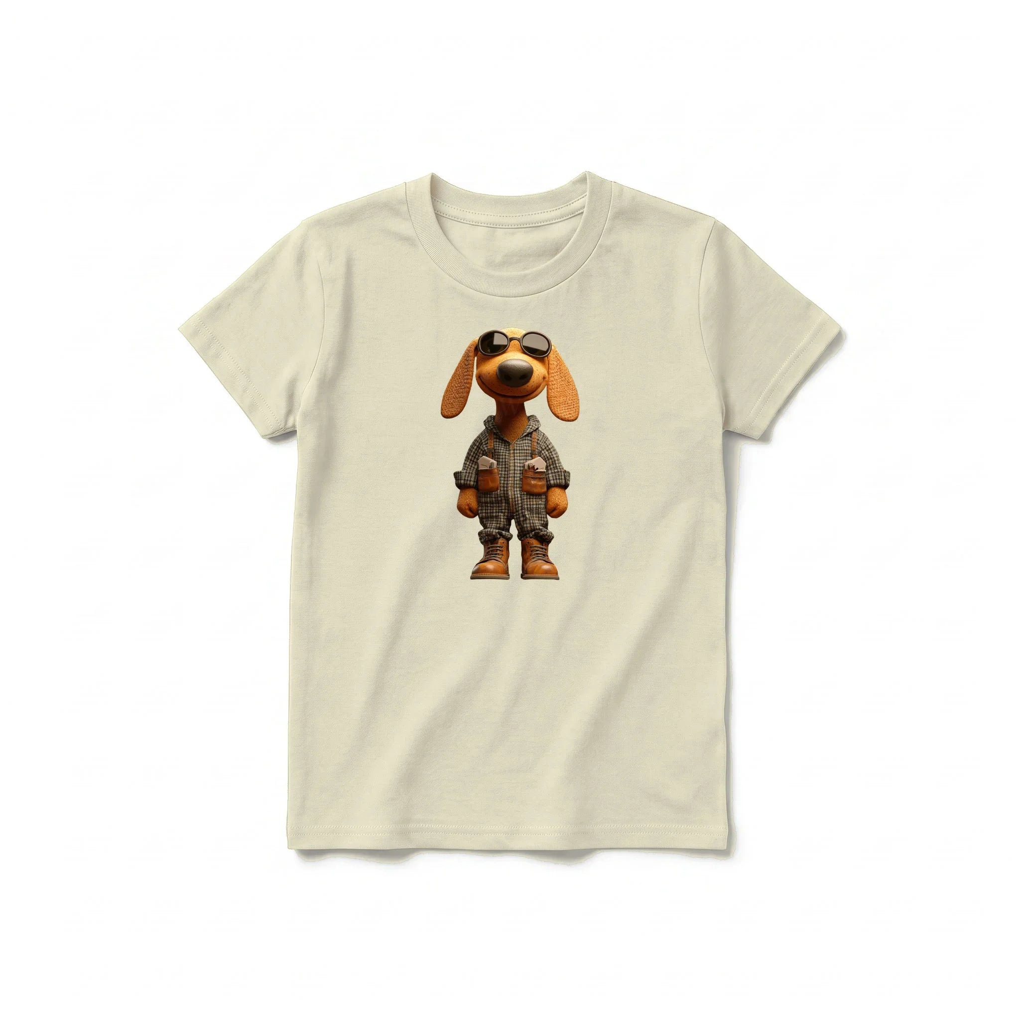 A latte short-sleeve crewneck t-shirt for youth featuring a graphic of a dog on the front.