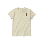 A latte short-sleeve crewneck t-shirt for youth featuring a graphic of a dog on the left chest.