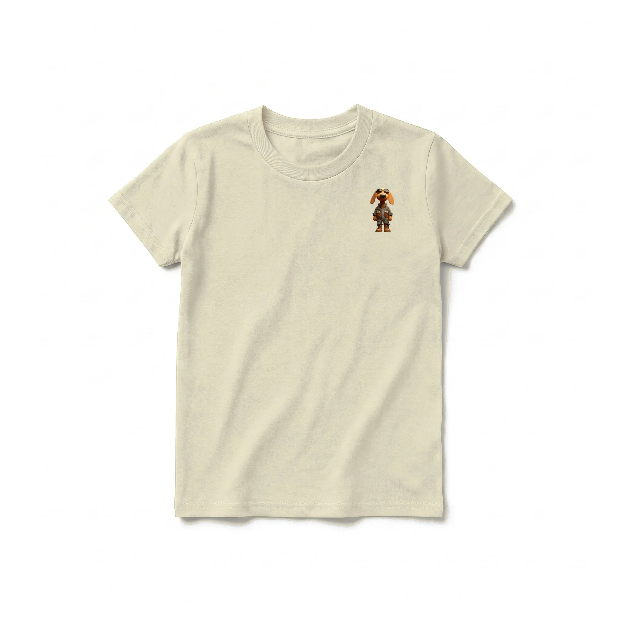 A latte short-sleeve crewneck t-shirt for youth featuring a graphic of a dog on the left chest.
