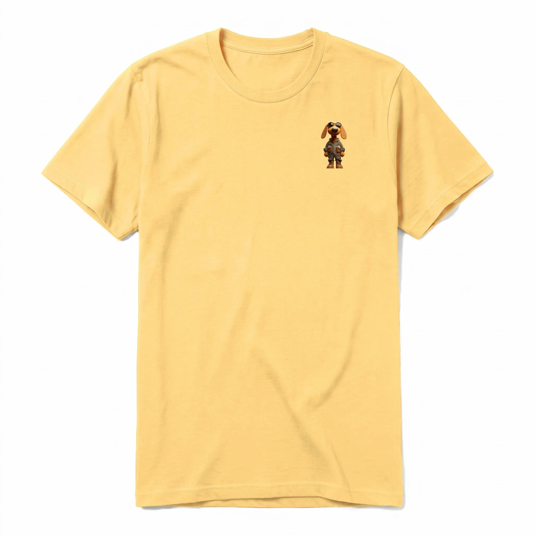 A mustard short-sleeve crewneck t-shirt for adult featuring a graphic of a dog on the left chest.