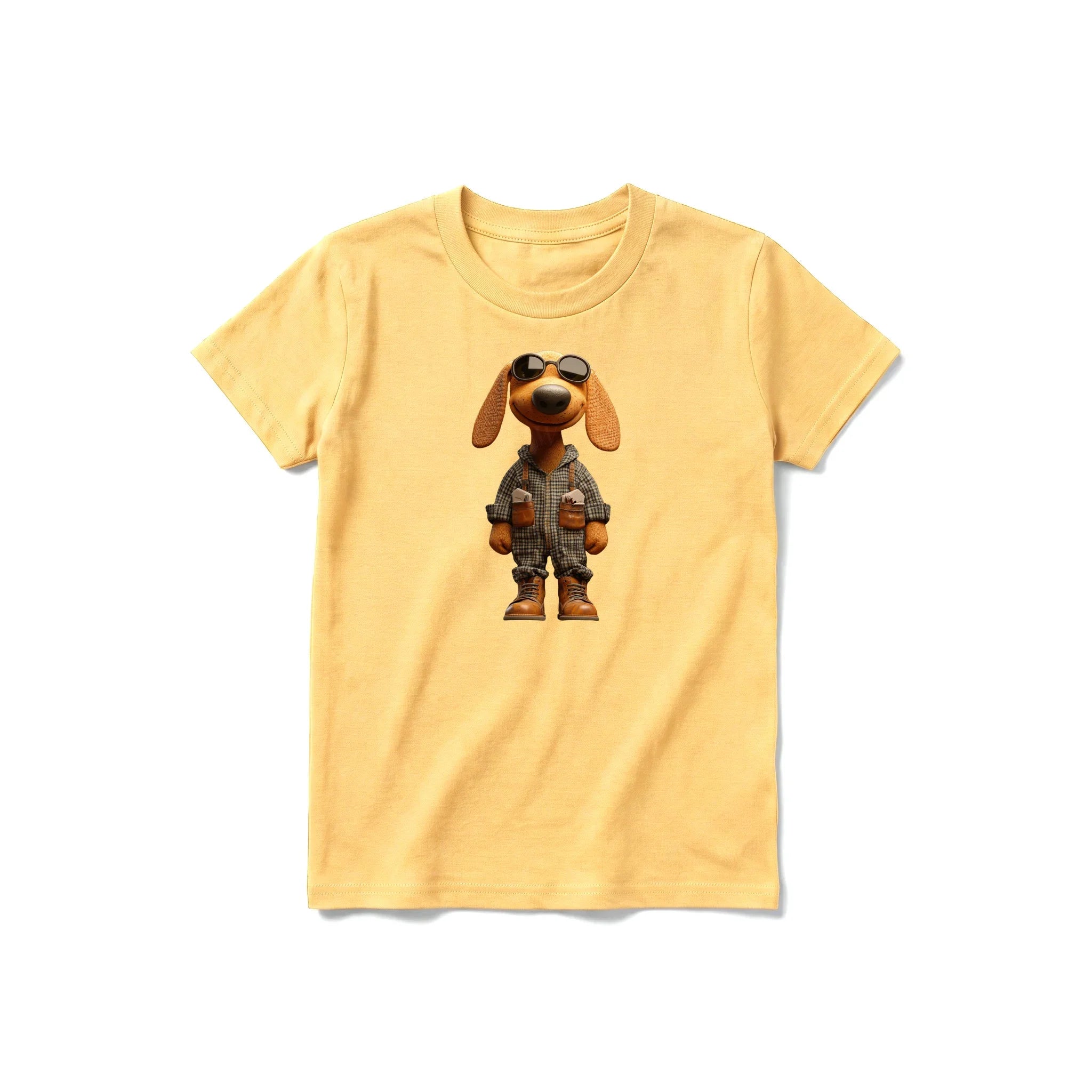 A mustard short-sleeve crewneck t-shirt for youth featuring a graphic of a dog on the front.