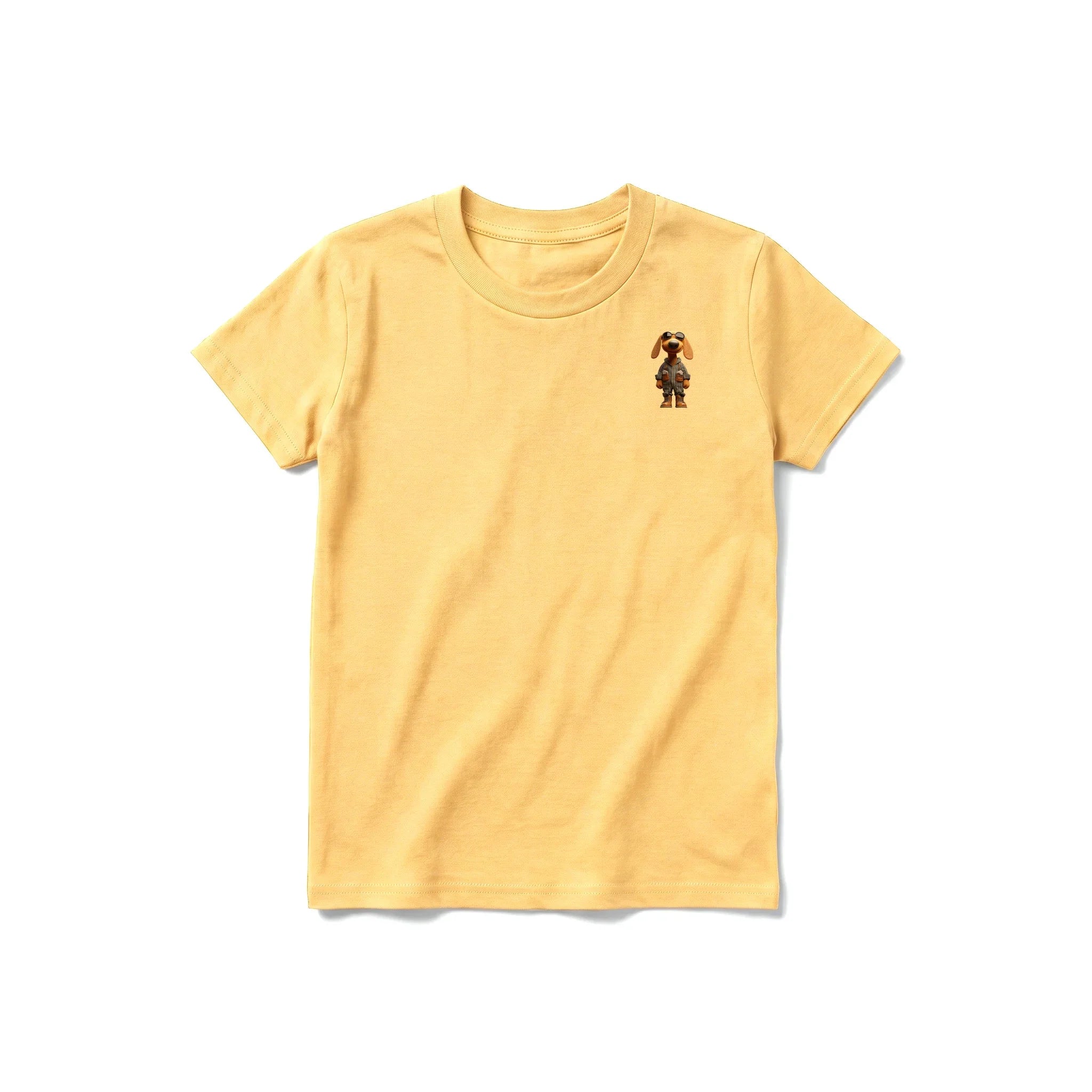 A mustard short-sleeve crewneck t-shirt for youth featuring a graphic of a dog on the left chest.