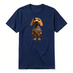 A navy short-sleeve crewneck t-shirt for adult featuring a graphic of a dog on the front.