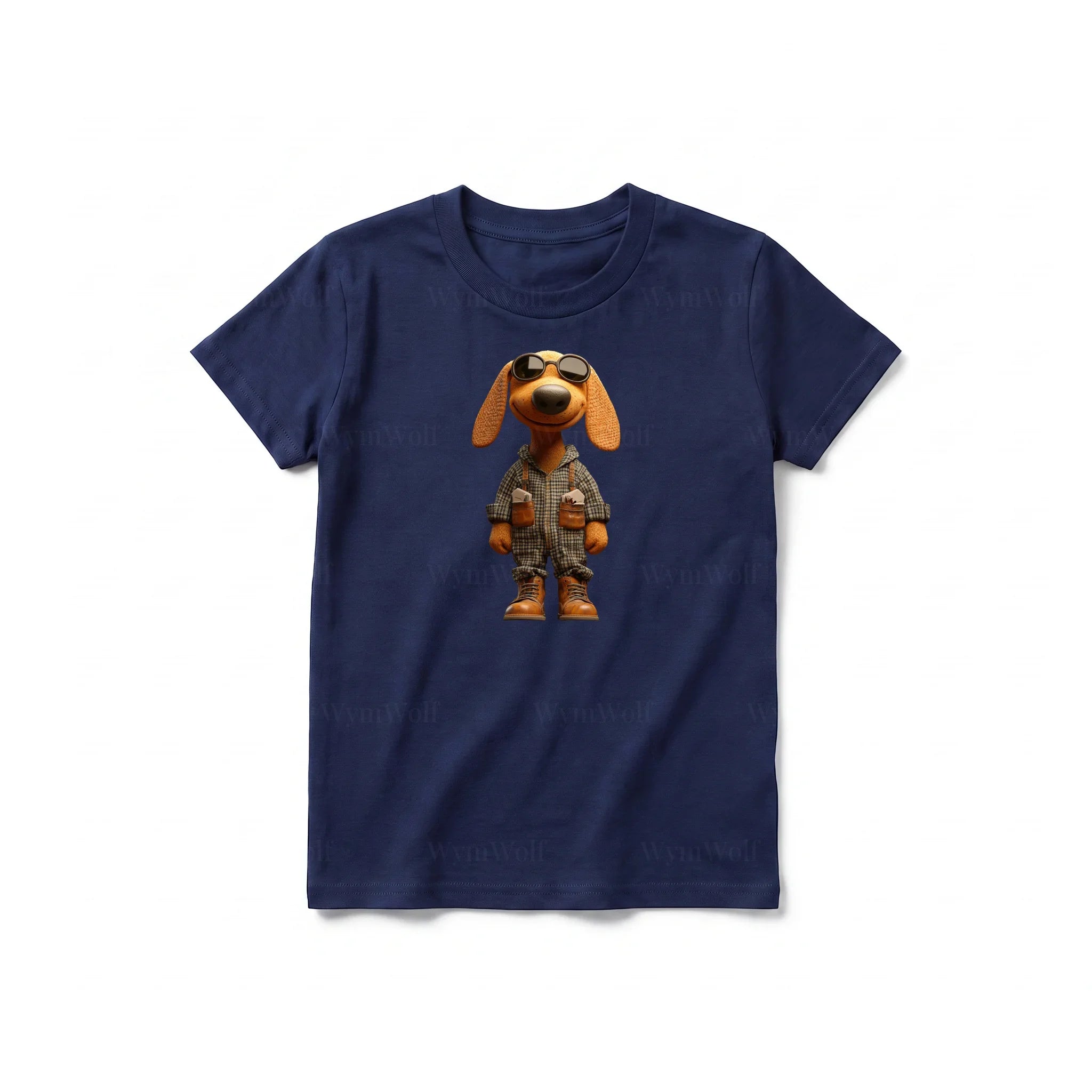 A navy short-sleeve crewneck t-shirt for youth featuring a graphic of a dog on the front.