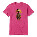 A raspberry short-sleeve crewneck t-shirt for adult featuring a graphic of a dog on the front.