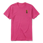 A raspberry short-sleeve crewneck t-shirt for adult featuring a graphic of a dog on the left chest.