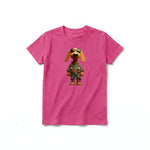 A raspberry short-sleeve crewneck t-shirt for youth featuring a graphic of a dog on the front.