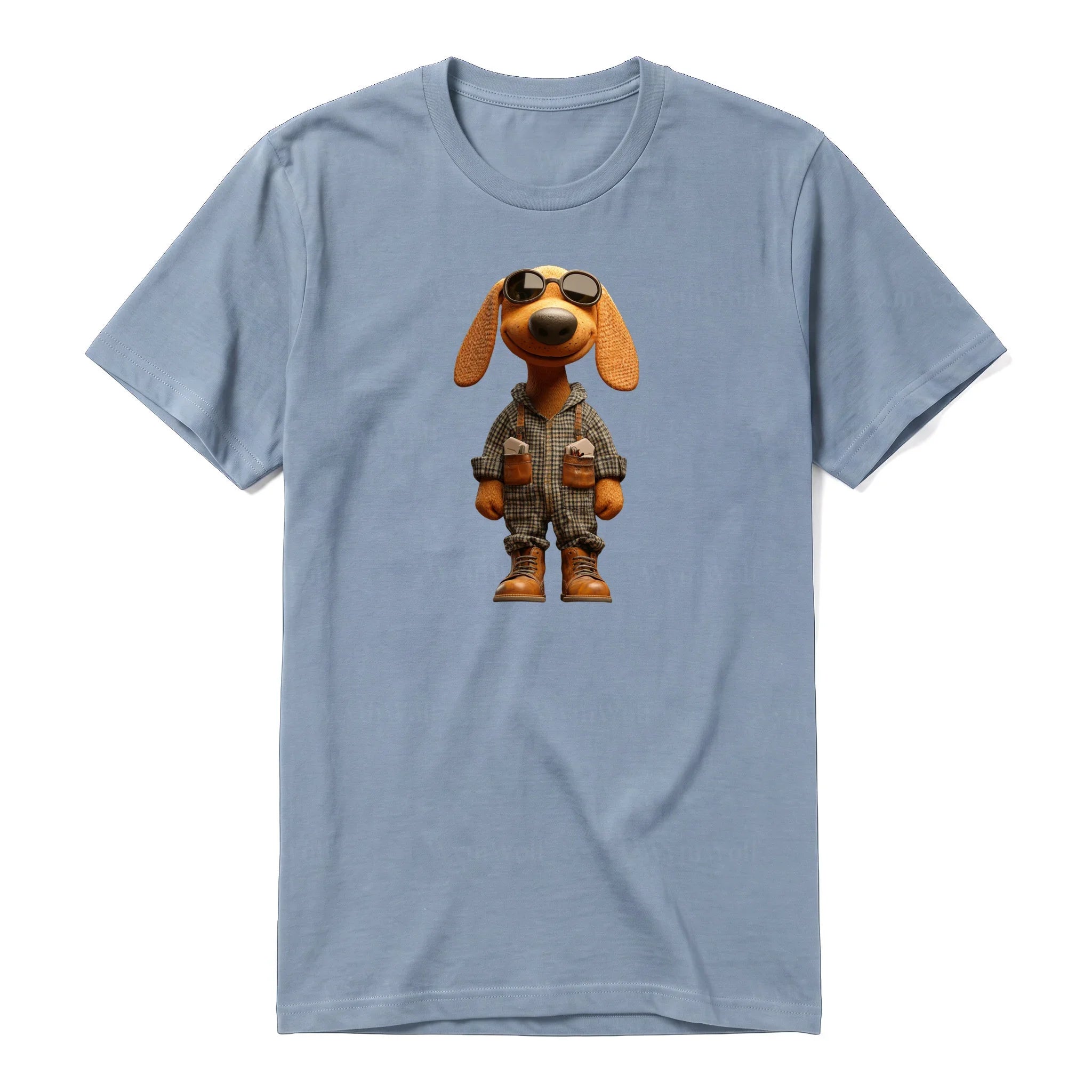 A steel-blue short-sleeve crewneck t-shirt for adult featuring a graphic of a dog on the front.