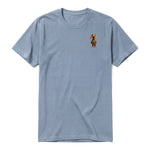 A steel-blue short-sleeve crewneck t-shirt for adult featuring a graphic of a dog on the left chest.