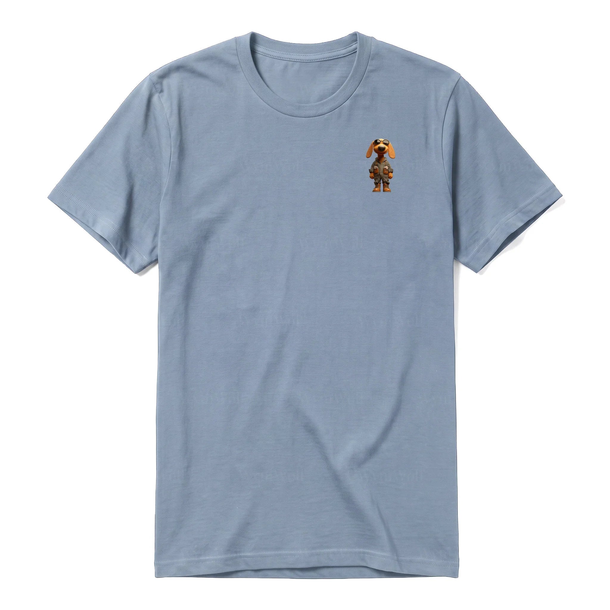 A steel-blue short-sleeve crewneck t-shirt for adult featuring a graphic of a dog on the left chest.