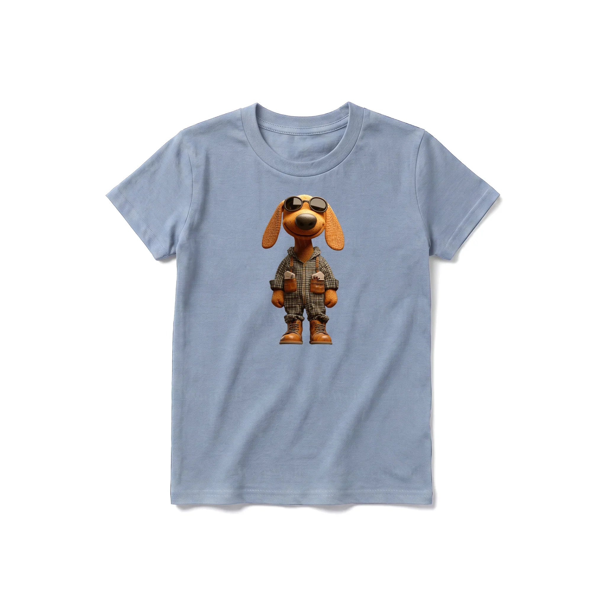 A steel-blue short-sleeve crewneck t-shirt for youth featuring a graphic of a dog on the front.