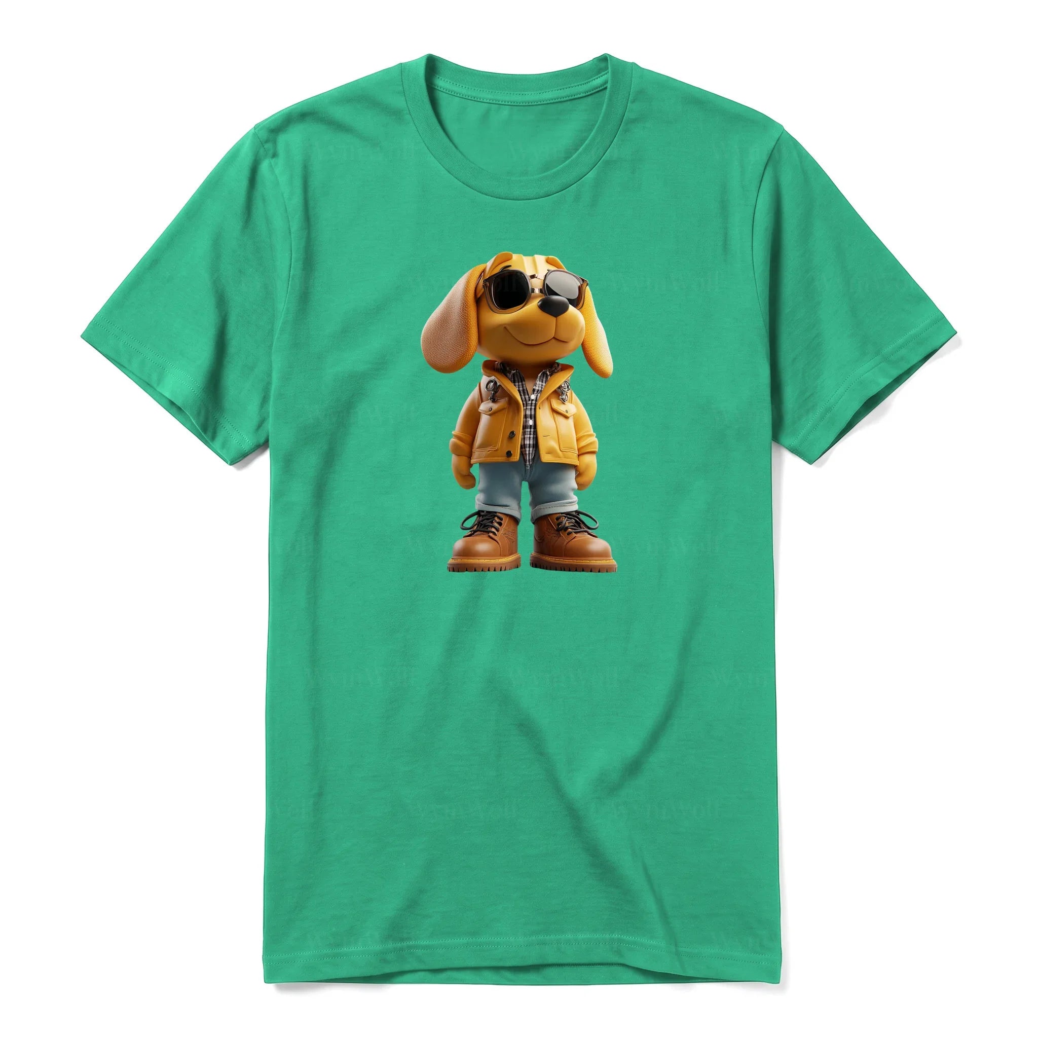 A kelly short-sleeve crewneck t-shirt for adult featuring a graphic of a dog on the front.