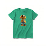 A kelly short-sleeve crewneck t-shirt for youth featuring a graphic of a dog on the front.