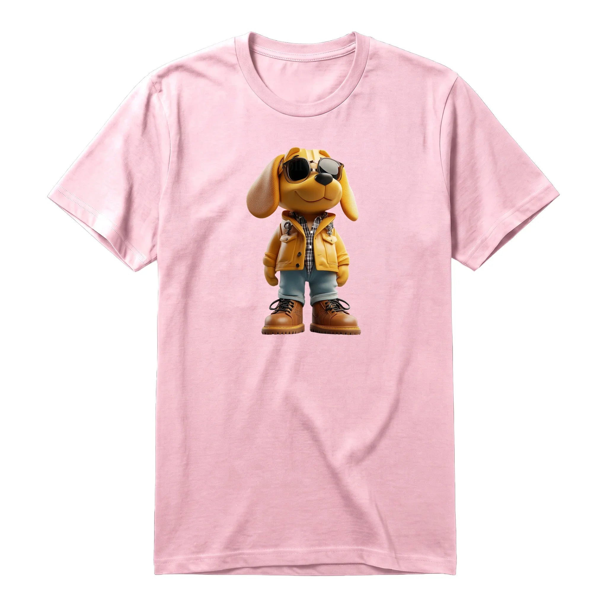 A pink short-sleeve crewneck t-shirt for adult featuring a graphic of a dog on the front.