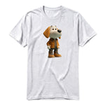 A ash grey short-sleeve crewneck t-shirt for adult featuring a graphic of a dog on the front.