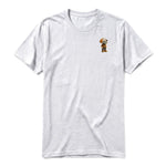 A ash grey short-sleeve crewneck t-shirt for adult featuring a graphic of a dog on the left chest.