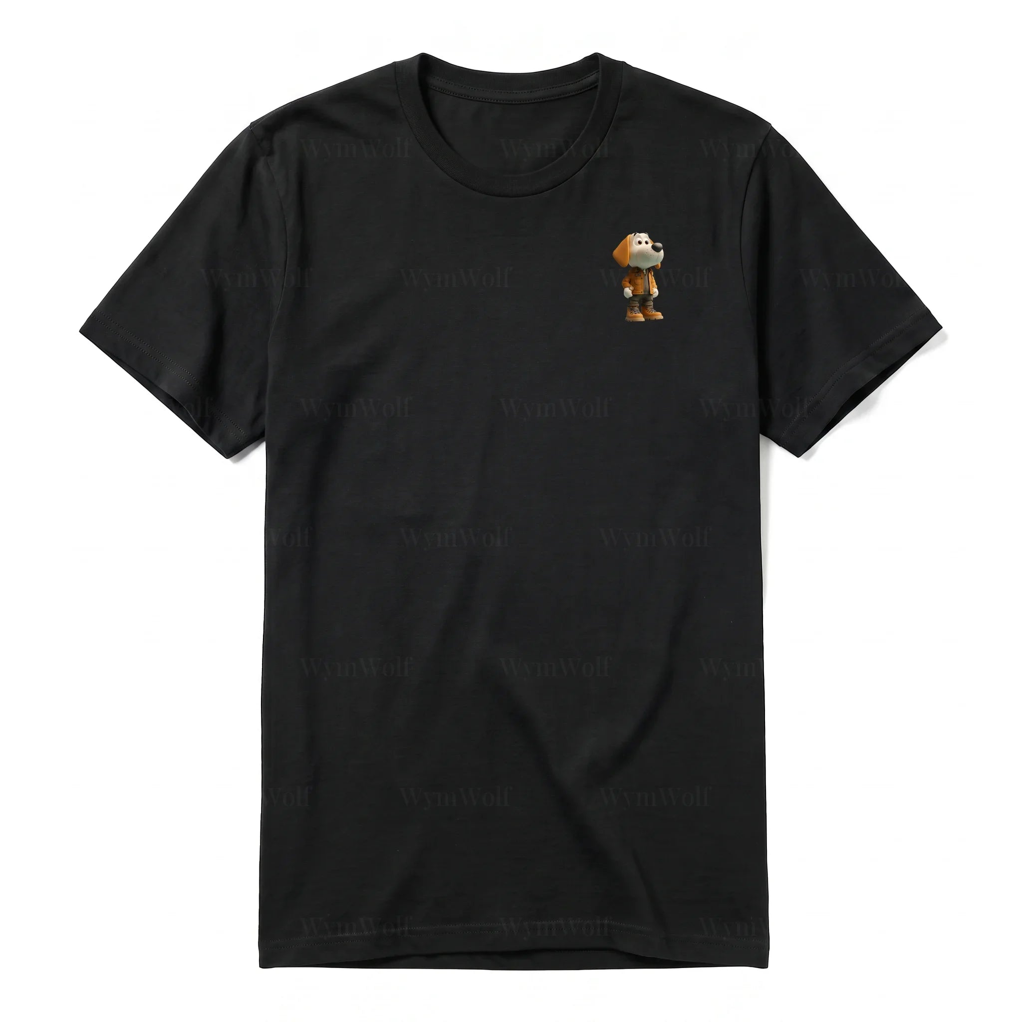 A black short-sleeve crewneck t-shirt for adult featuring a graphic of a dog on the left chest.