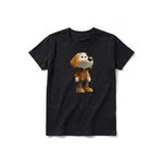 A black short-sleeve crewneck t-shirt for youth featuring a graphic of a dog on the front.