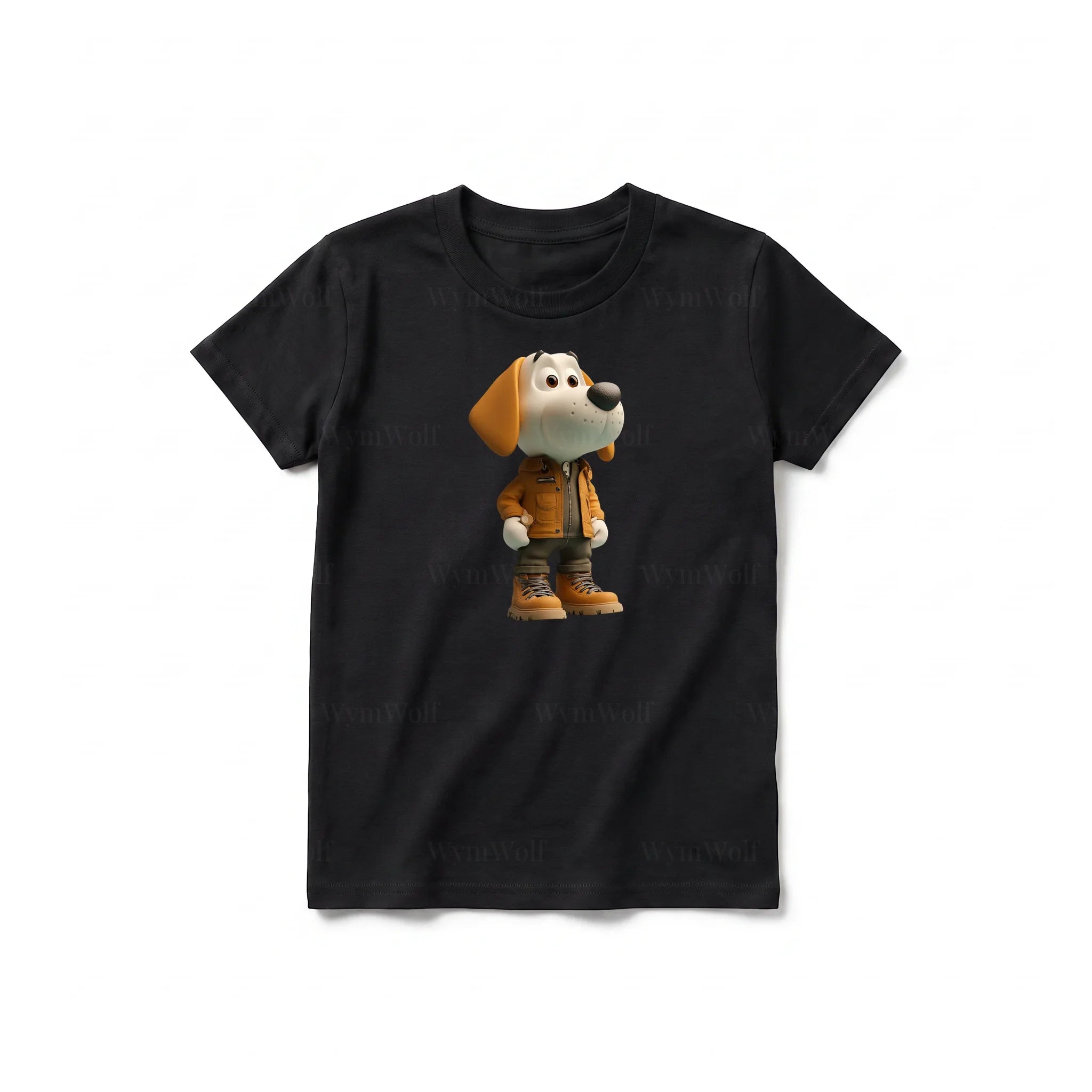 A black short-sleeve crewneck t-shirt for youth featuring a graphic of a dog on the front.