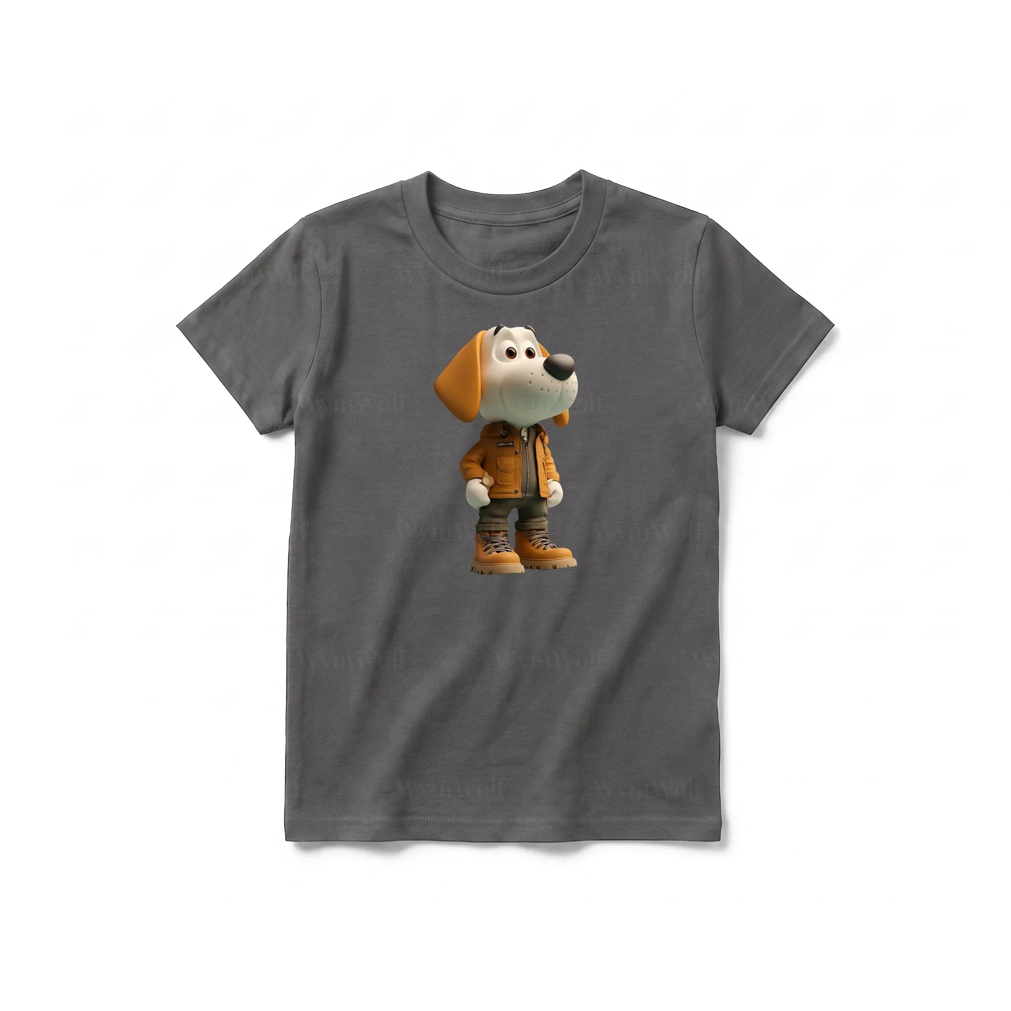A charcoal short-sleeve crewneck t-shirt for youth featuring a graphic of a dog on the front.