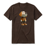 A chocolate short-sleeve crewneck t-shirt for adult featuring a graphic of a dog on the front.