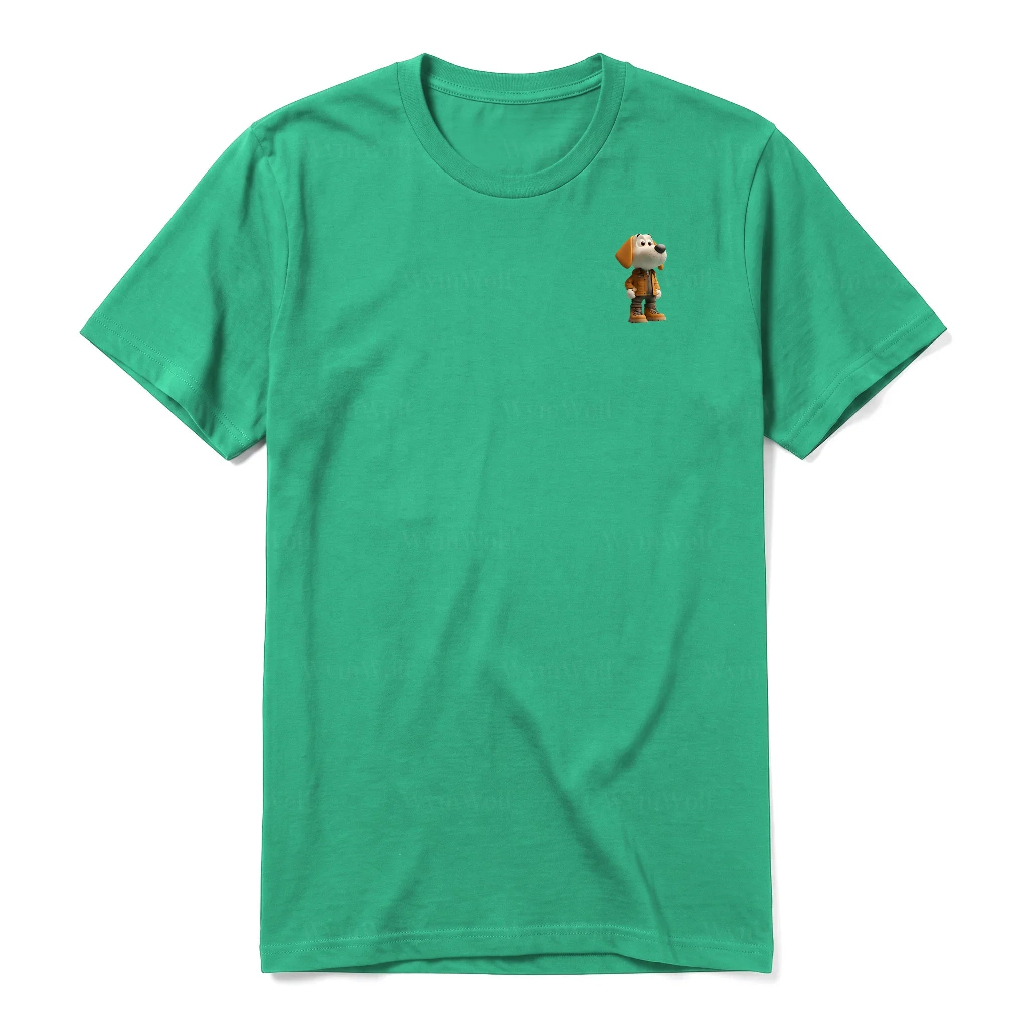 A kelly short-sleeve crewneck t-shirt for adult featuring a graphic of a dog on the left chest.