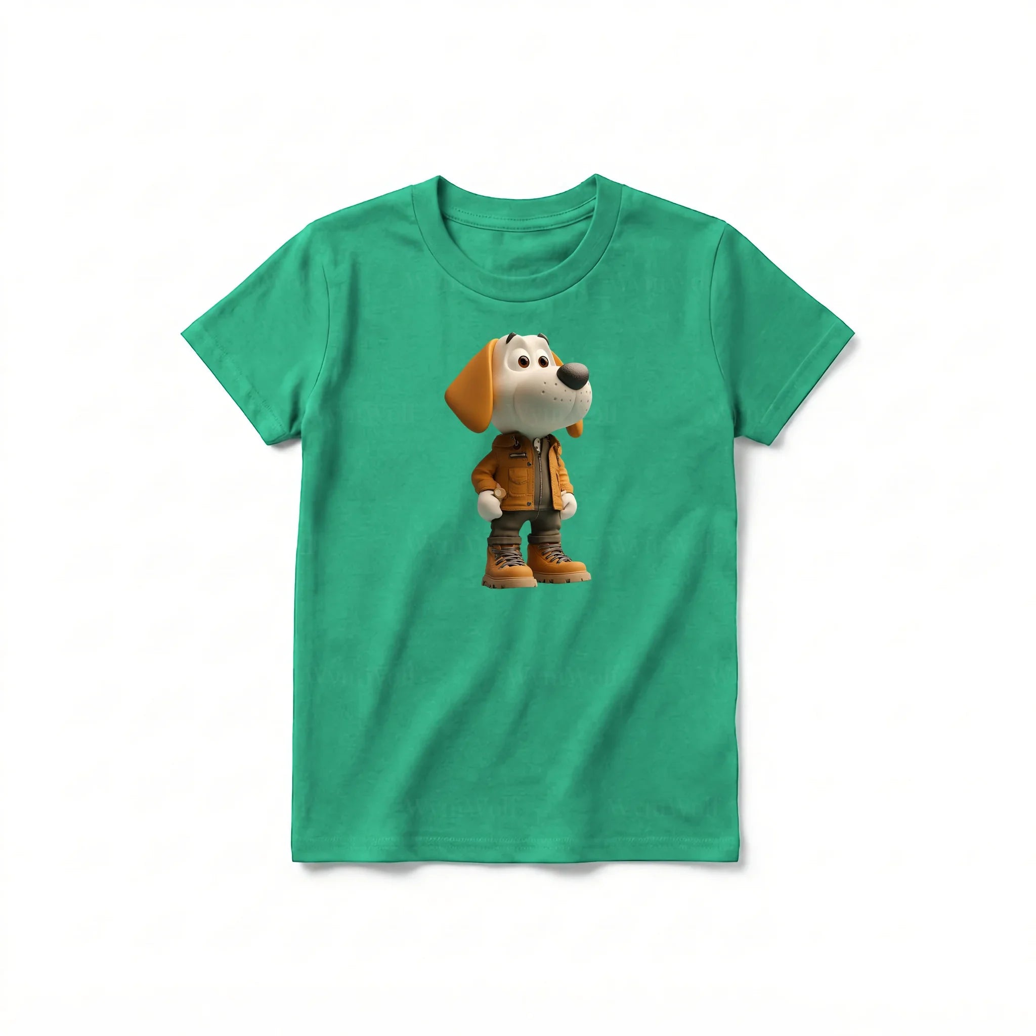 A kelly short-sleeve crewneck t-shirt for youth featuring a graphic of a dog on the front.