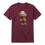 A maroon short-sleeve crewneck t-shirt for adult featuring a graphic of a dog on the front.