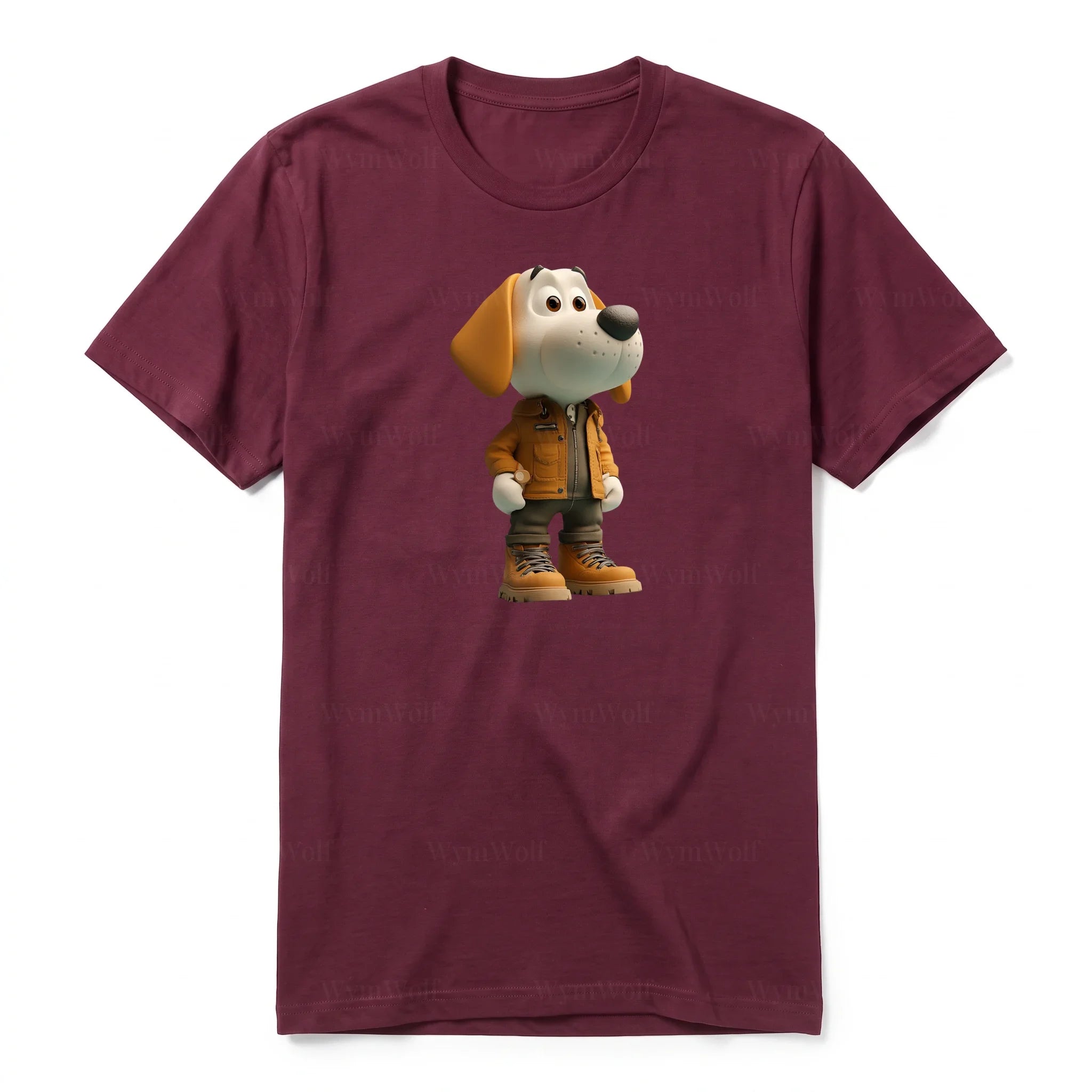 A maroon short-sleeve crewneck t-shirt for adult featuring a graphic of a dog on the front.