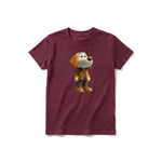 A maroon short-sleeve crewneck t-shirt for youth featuring a graphic of a dog on the front.