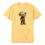 A mustard short-sleeve crewneck t-shirt for adult featuring a graphic of a dog on the front.