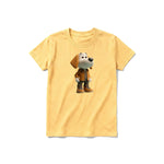 A mustard short-sleeve crewneck t-shirt for youth featuring a graphic of a dog on the front.