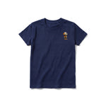 A navy short-sleeve crewneck t-shirt for youth featuring a graphic of a dog on the left chest.