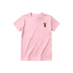 A pink short-sleeve crewneck t-shirt for youth featuring a graphic of a dog on the left chest.