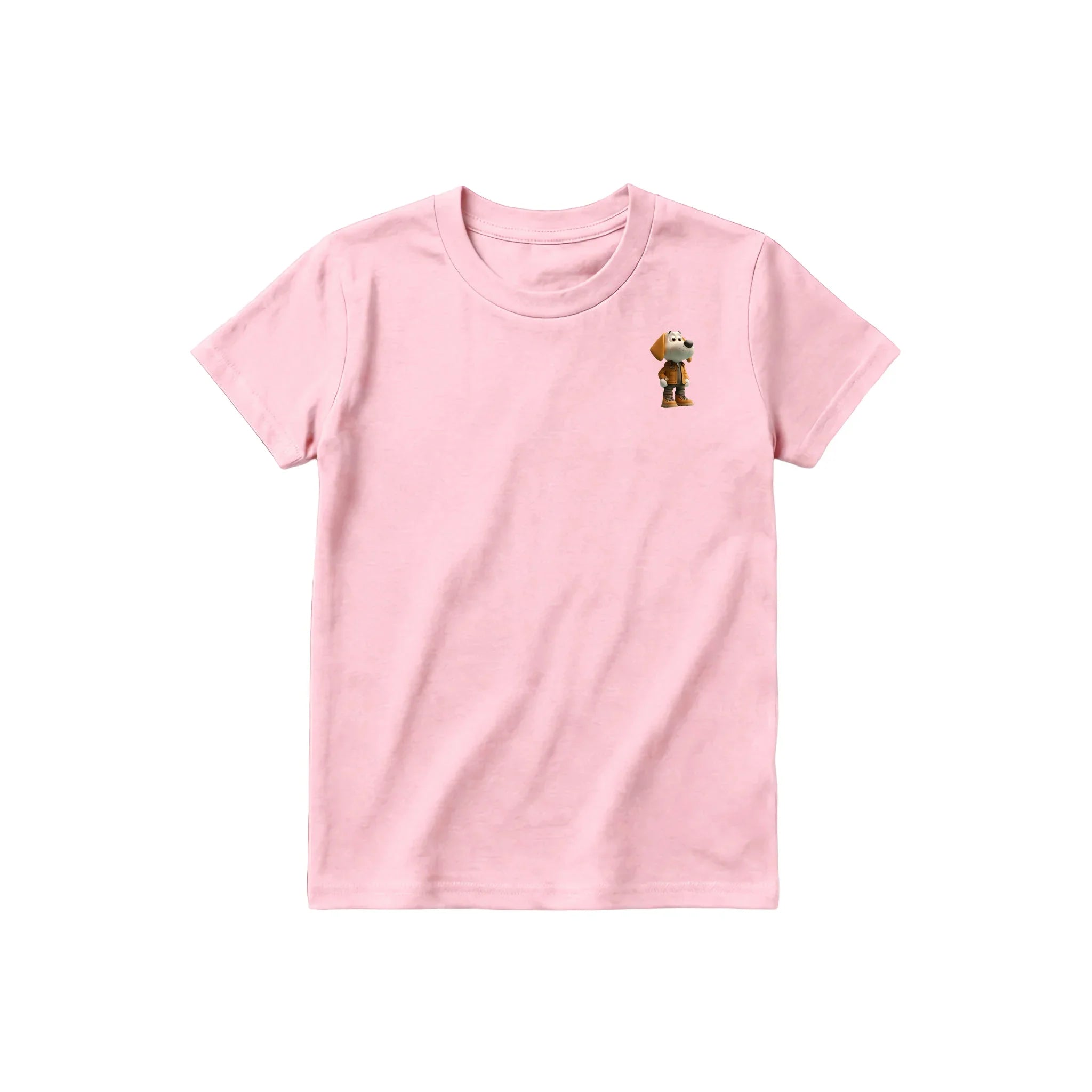 A pink short-sleeve crewneck t-shirt for youth featuring a graphic of a dog on the left chest.