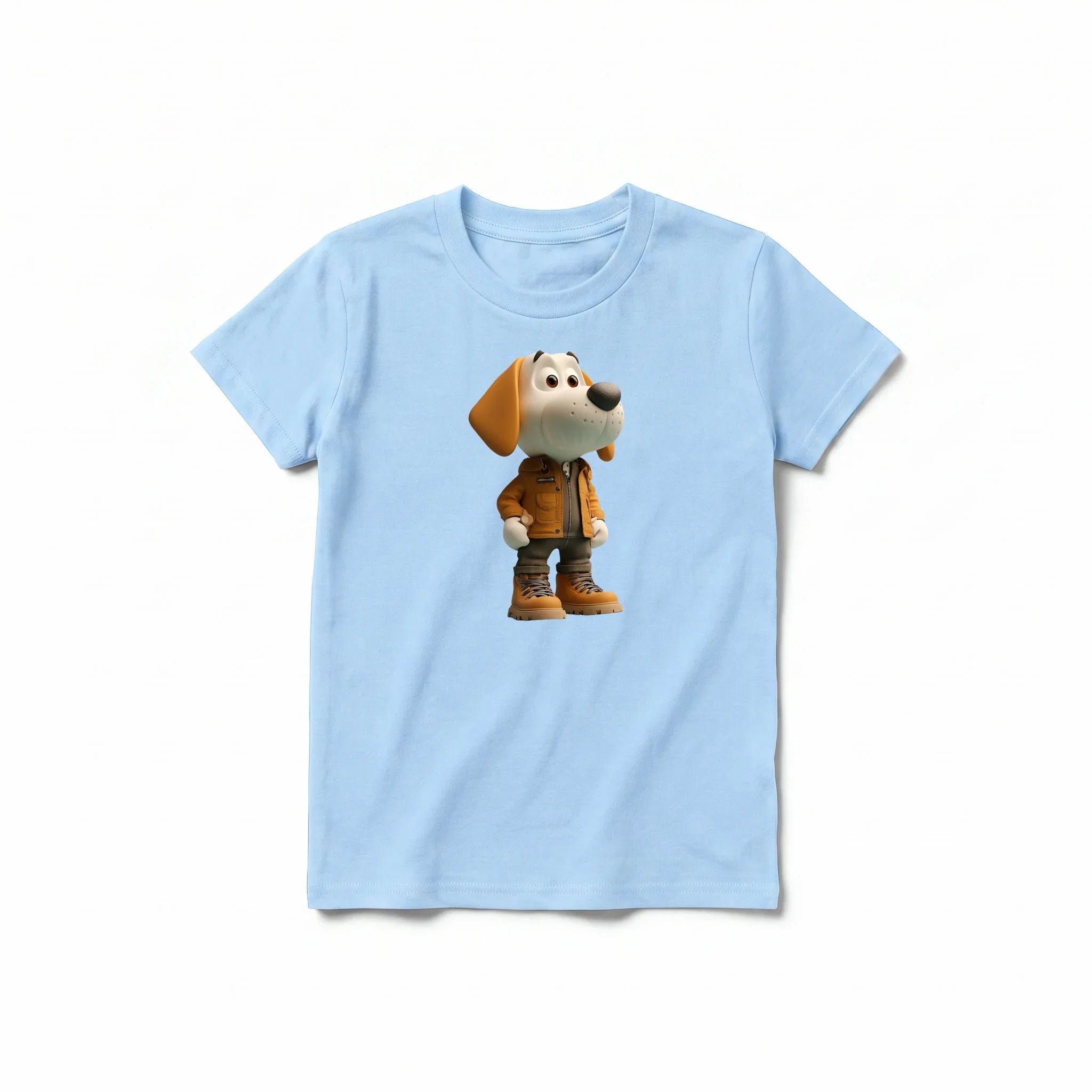 A powder short-sleeve crewneck t-shirt for youth featuring a graphic of a dog on the front.