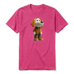 A raspberry short-sleeve crewneck t-shirt for adult featuring a graphic of a dog on the front.