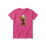 A raspberry short-sleeve crewneck t-shirt for youth featuring a graphic of a dog on the front.