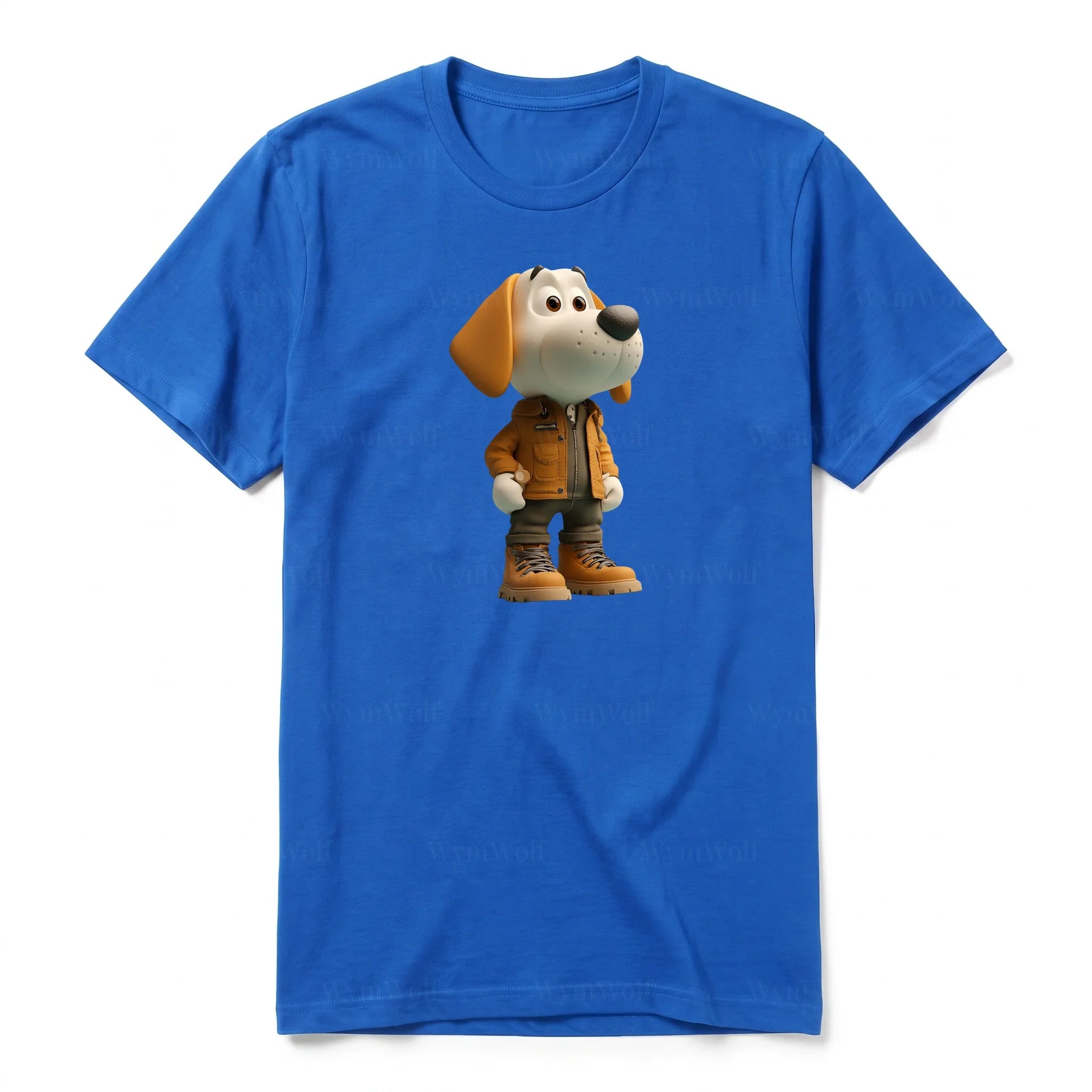 A royal short-sleeve crewneck t-shirt for adult featuring a graphic of a dog on the front.