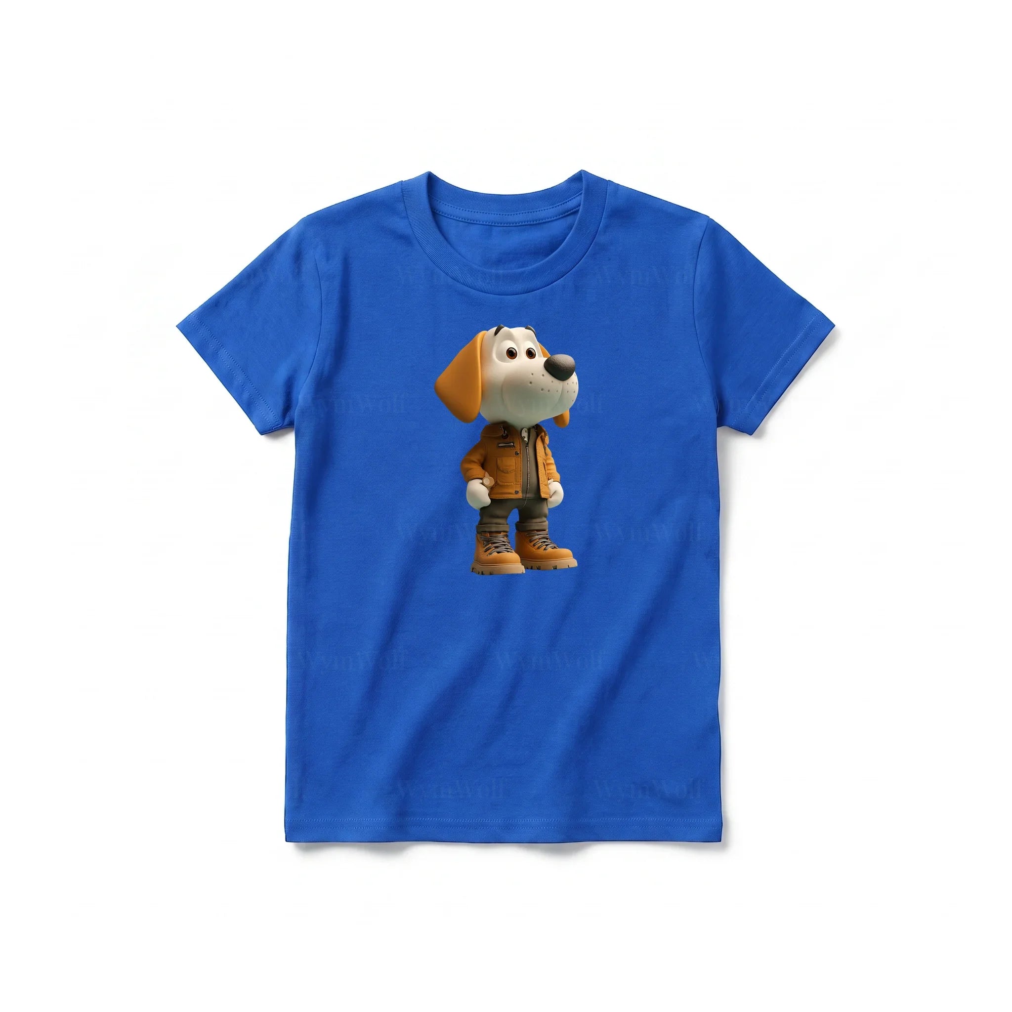 A royal short-sleeve crewneck t-shirt for youth featuring a graphic of a dog on the front.