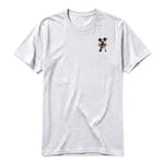 A ash grey short-sleeve crewneck t-shirt for adult featuring a graphic of a dog on the left chest.
