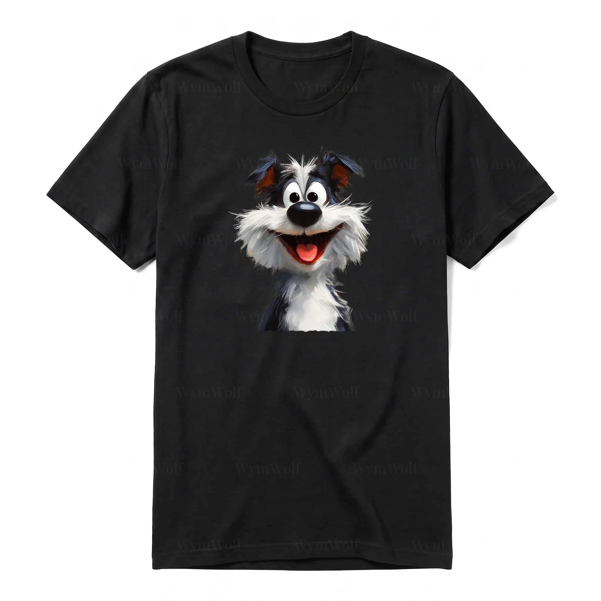 A black short-sleeve crewneck t-shirt for adult featuring a graphic of a dog on the front.
