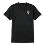 A black short-sleeve crewneck t-shirt for adult featuring a graphic of a dog on the left chest.